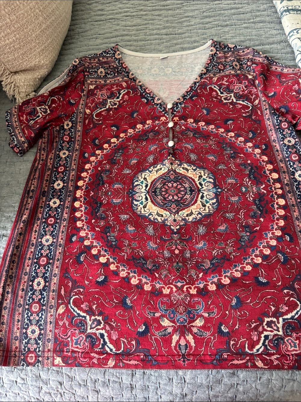 Red Bohemian V-Neck Printed Tunic